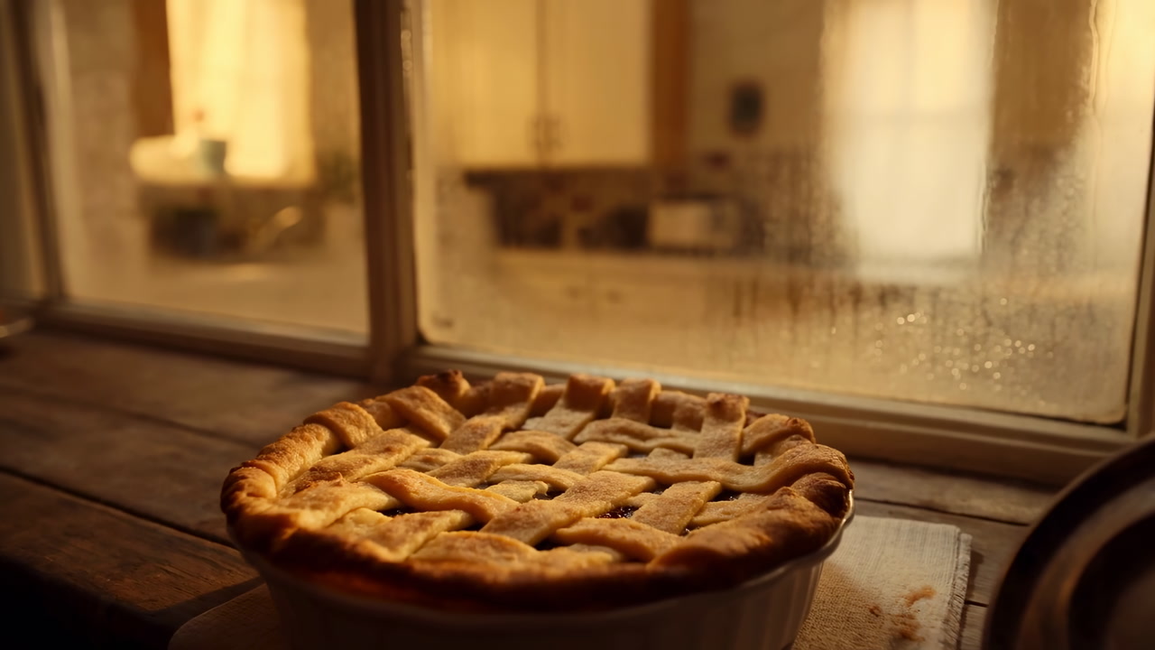 Lattice Pie Cooling On Windowsill, Golden Light Filters Through Fogged Glass Onto Rustic Kitchen Sill, Warm