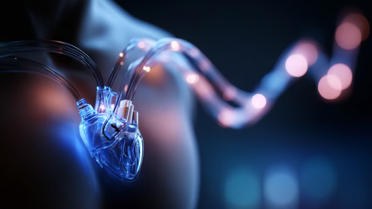 A futuristic representation of a human heart with luminescent tubes, showcasing medical innovation and the merging of technology with human biology, emphasizing the evolution of cardiac care
