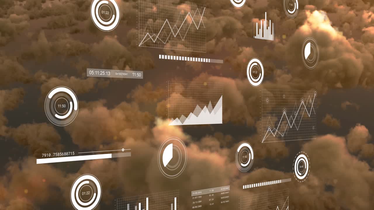 Animation of statistical data processing against dark clouds in the sky