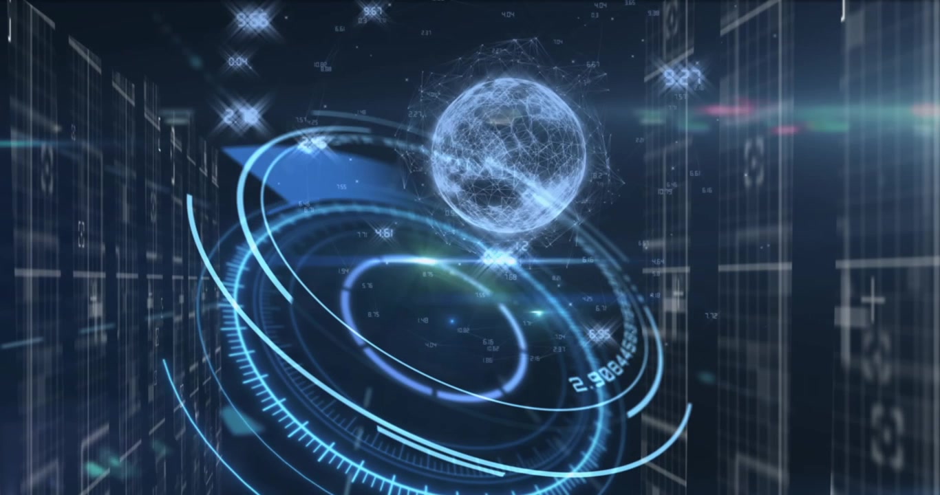 Digitalt HUD-grensesnitt med roterende globus og datastrømmer