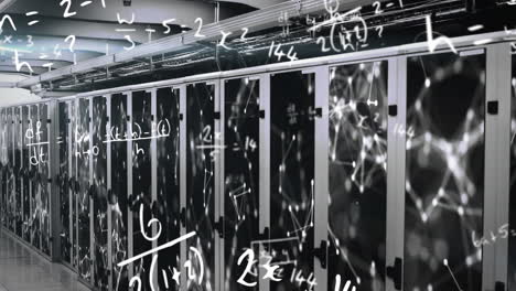 animation of mathematical equations floating over a room made of screens