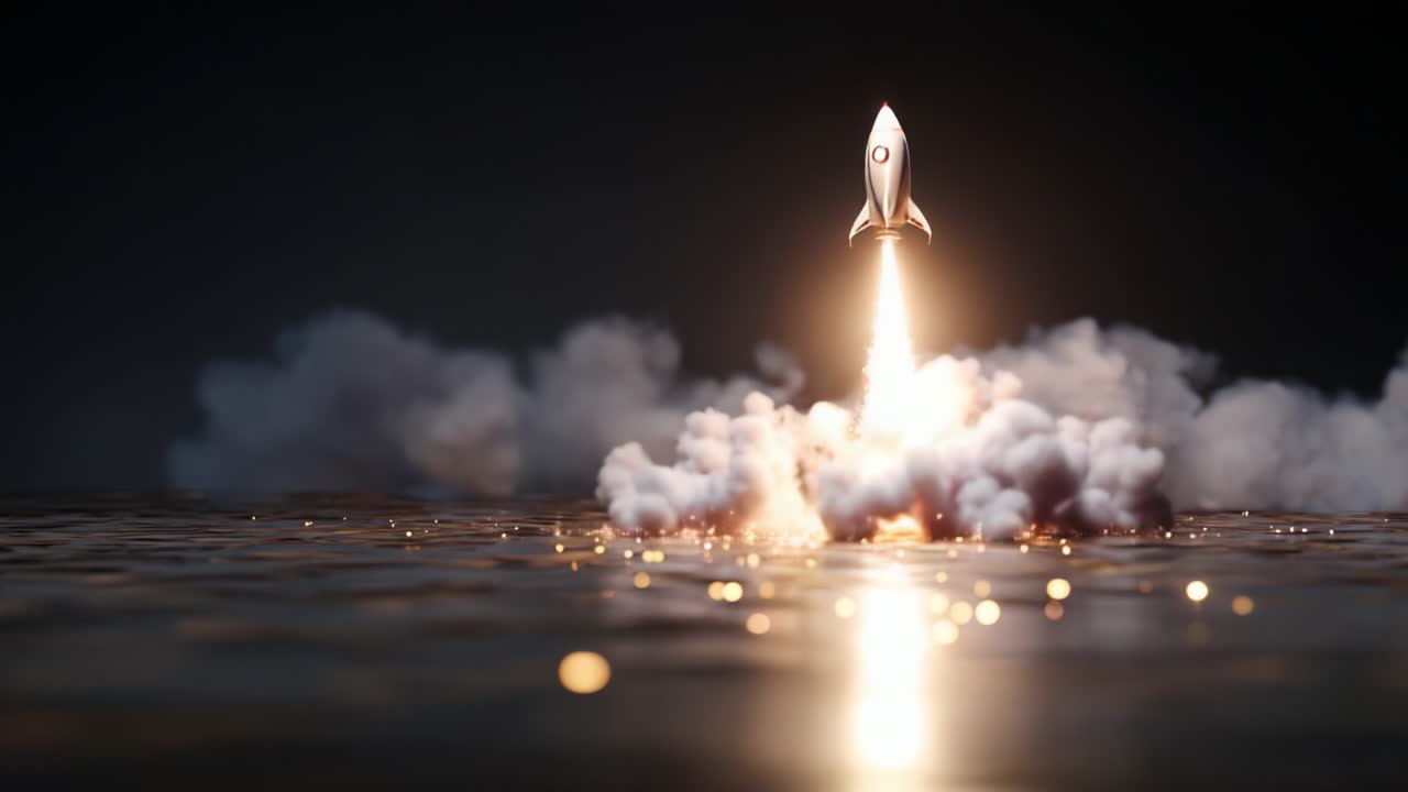 A stunning depiction of a rocket gracefully launching into the cosmos, trailing a shimmering plume of sparkles and smoke, capturing the awe of exploration and innovation