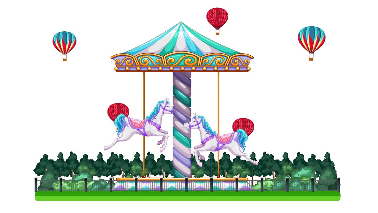 A colorful carousel spins with galloping horses while hot air balloons float against white background