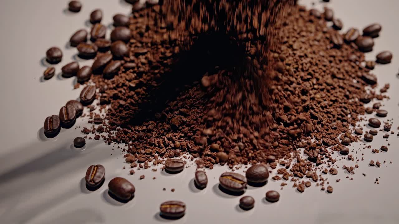Granuli di caffè istantaneo che si versano su chicchi di caffè