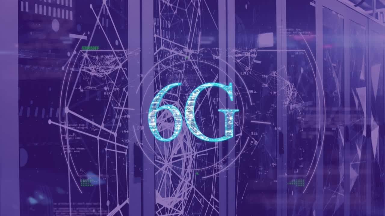 Animación de un escaneo de alcance sobre un banner de texto 6G y redes de plexo contra una sala de servidores de computadoras