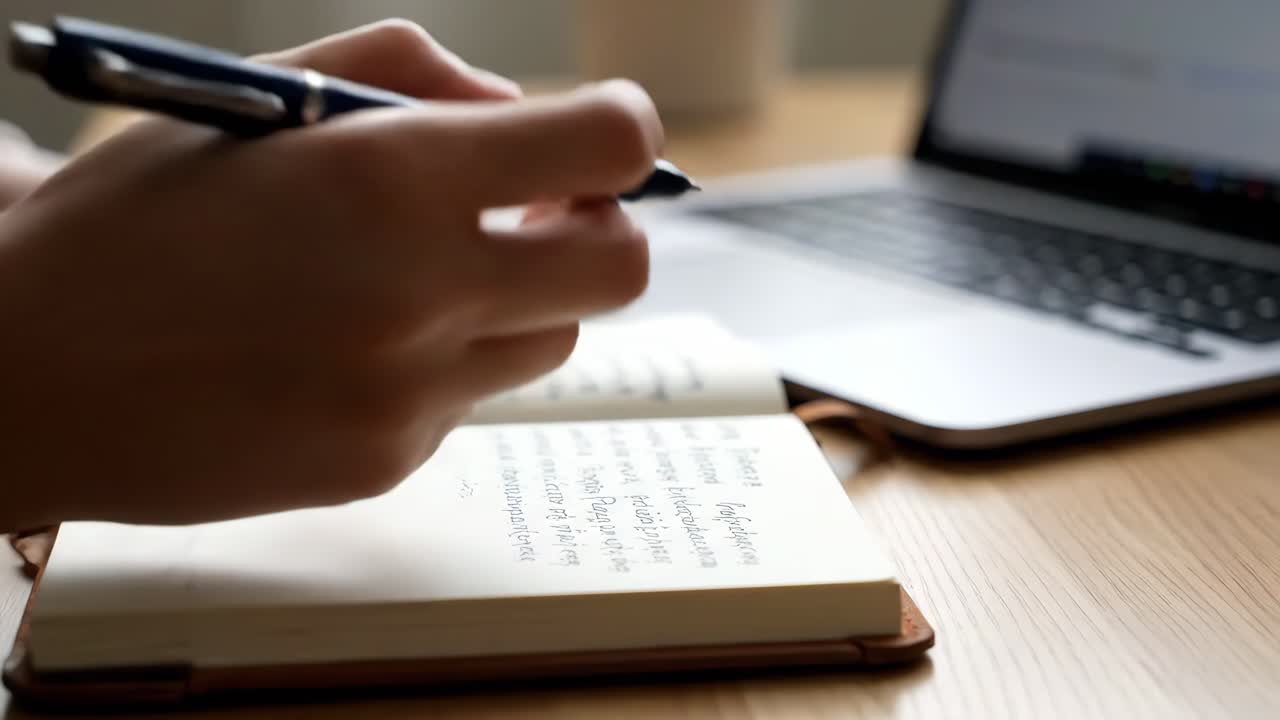 Writing in a notebook with a laptop in the background