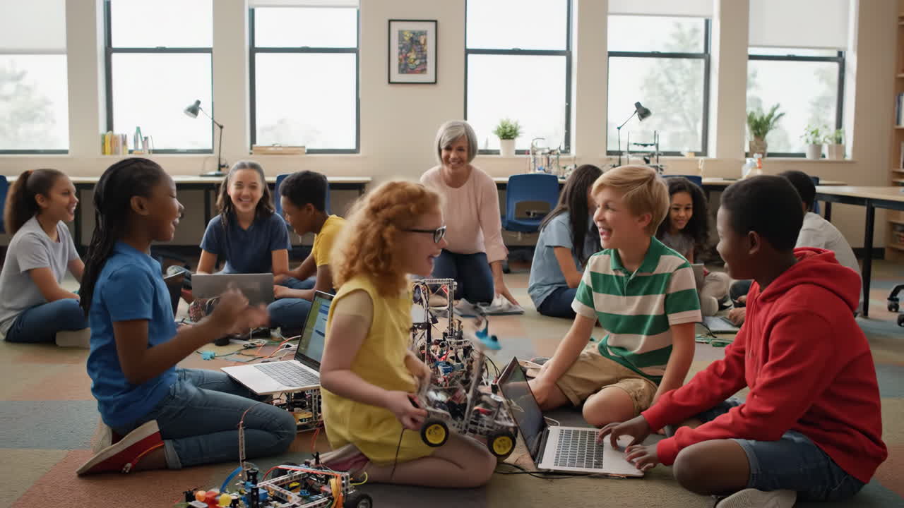 Children building robots and learning STEM in a classroom