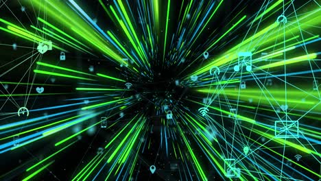 Animation-of-network-of-connections-with-icons-over-green-and-blue-neon-light-trails