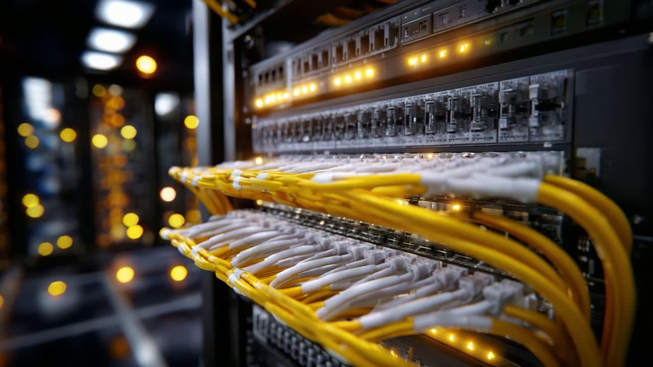 Infrastruttura di data center high-tech con cavi Ethernet giallo brillante collegati a switch di rete e luci lampeggianti in un moderno ambiente server