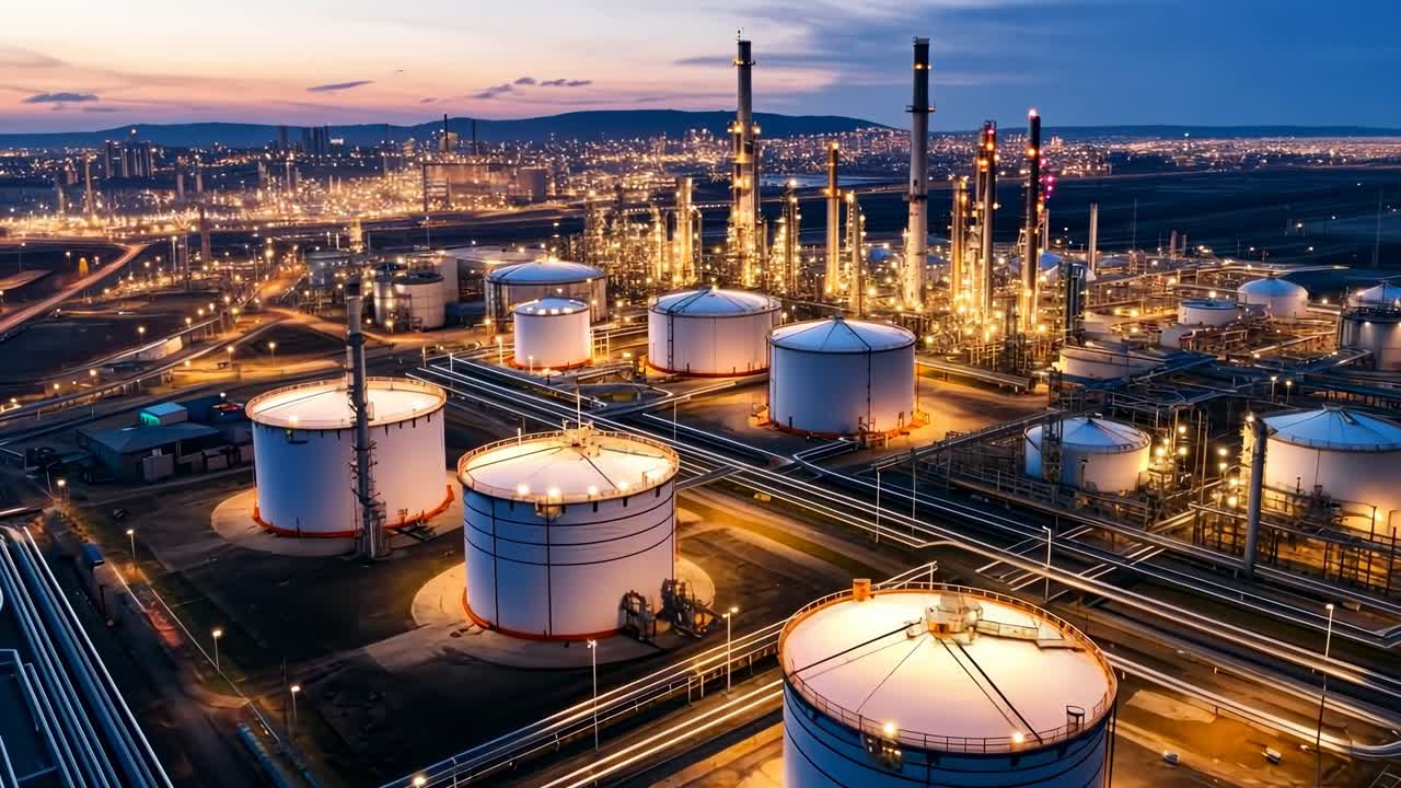 Aerial view of an illuminated industrial refinery at dusk, showcasing large storage tanks