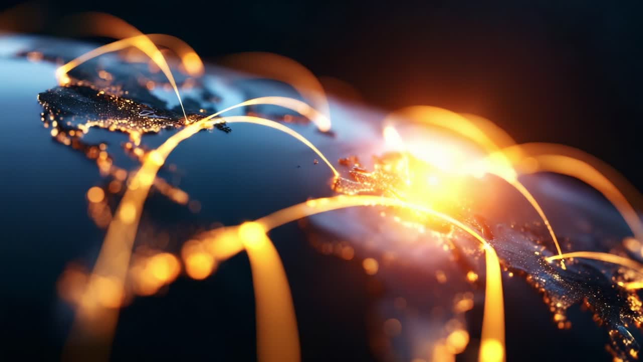 An artistic view of a digital globe, showcasing vibrant connections and network pathways across continents, symbolizing global communication, technology, and interconnectedness