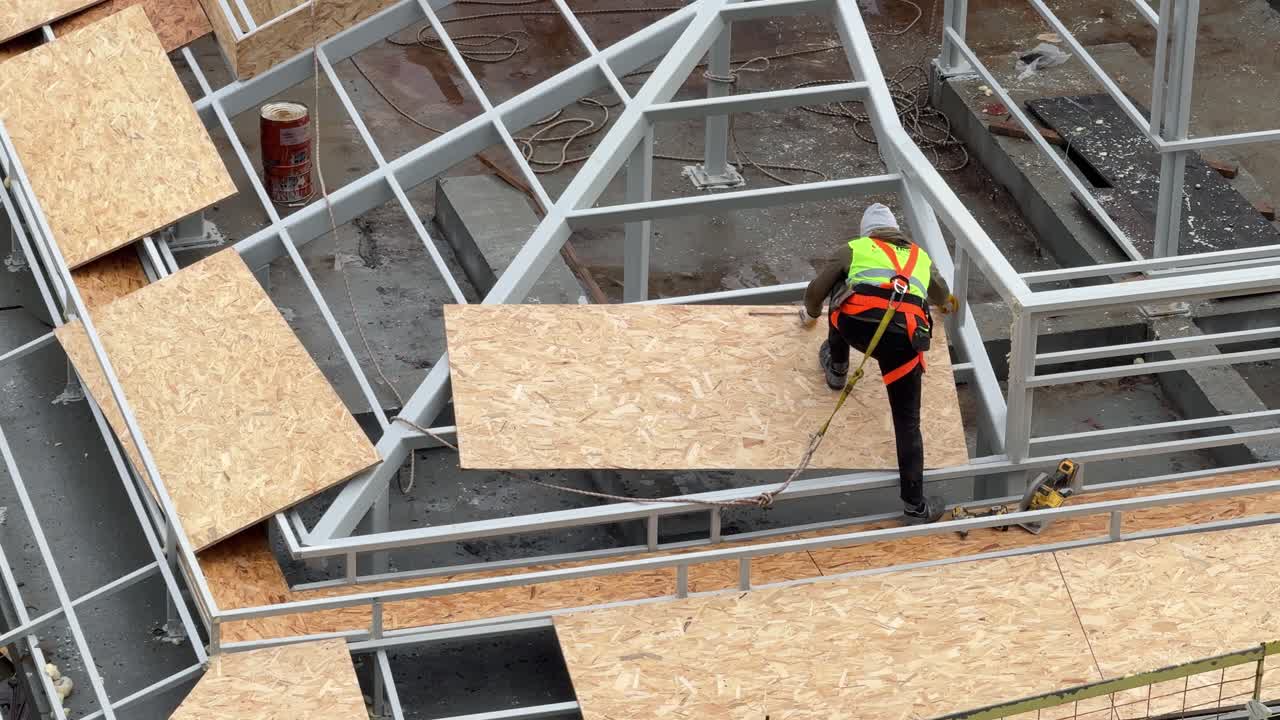 Construction worker with safety harness laying wooden panels on metal skeleton. Working at height safety and light steel structure assembly process