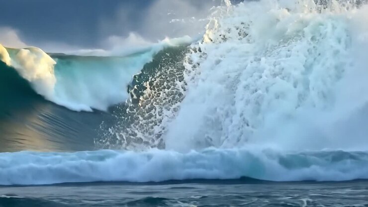 Giant wave crashing against the shore