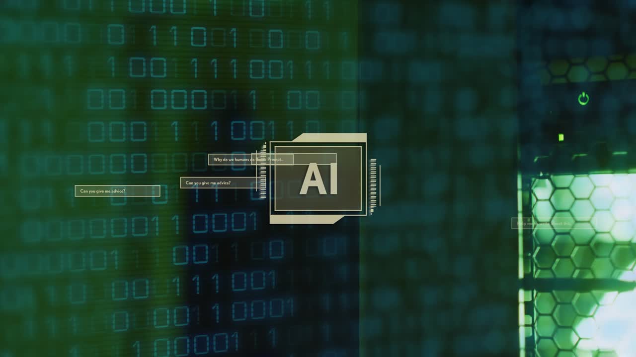 Animation of ai text, binary coding data processing over computer servers
