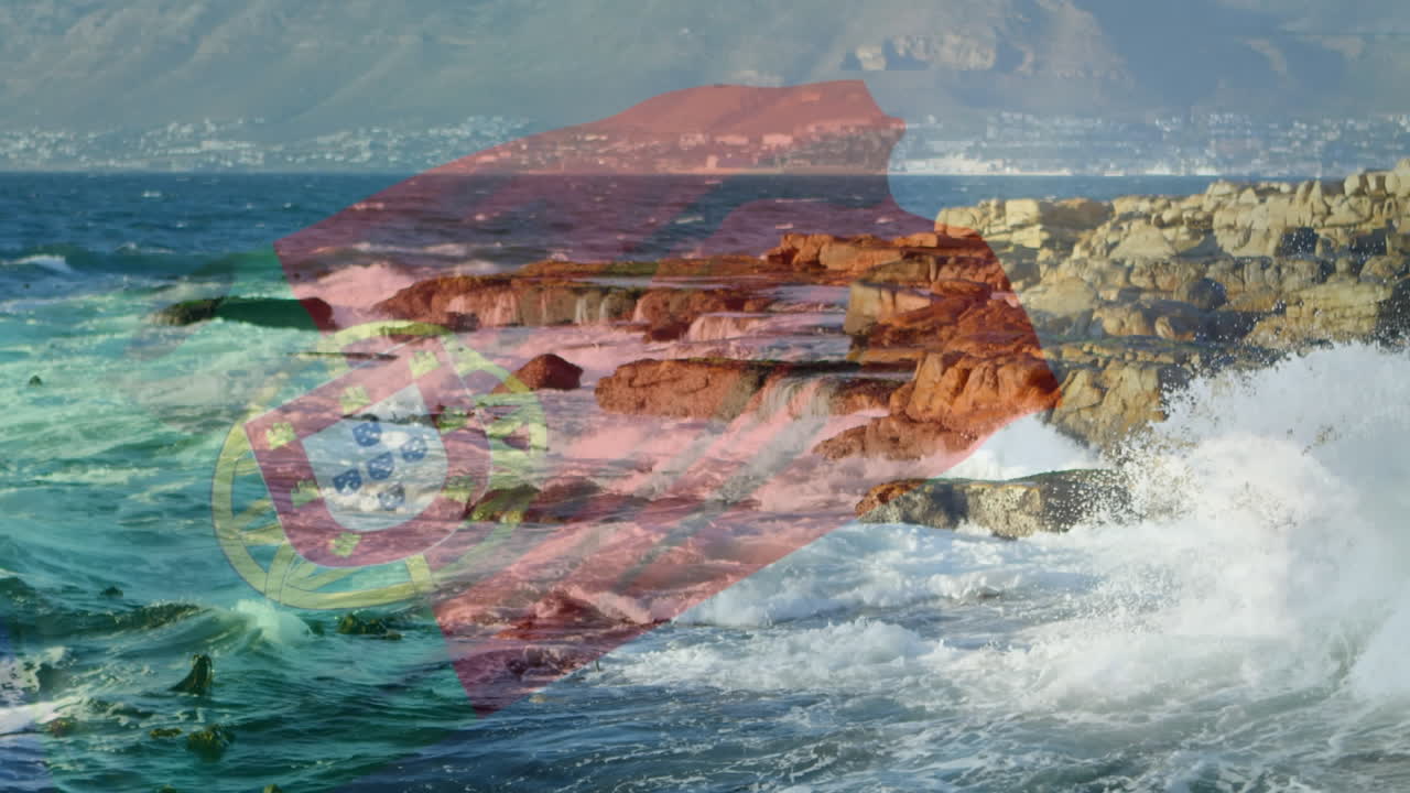 포르투갈의  ⁇ 발이 해안의 바위와 바다의 파도 위에서 날아다니는 애니메이션