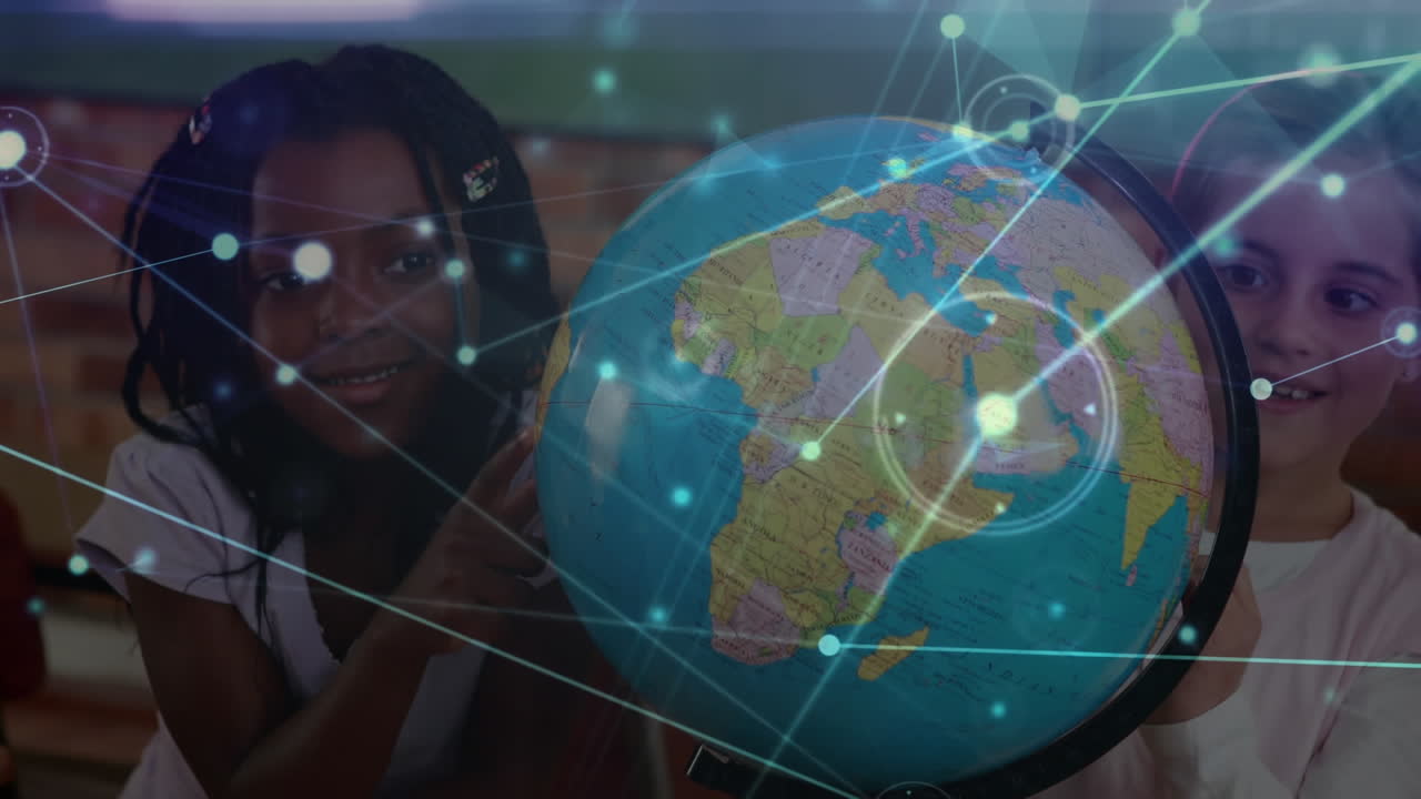 red de conexiones entre diversos estudiantes que aprenden geografía usando un globo en la escuela primaria