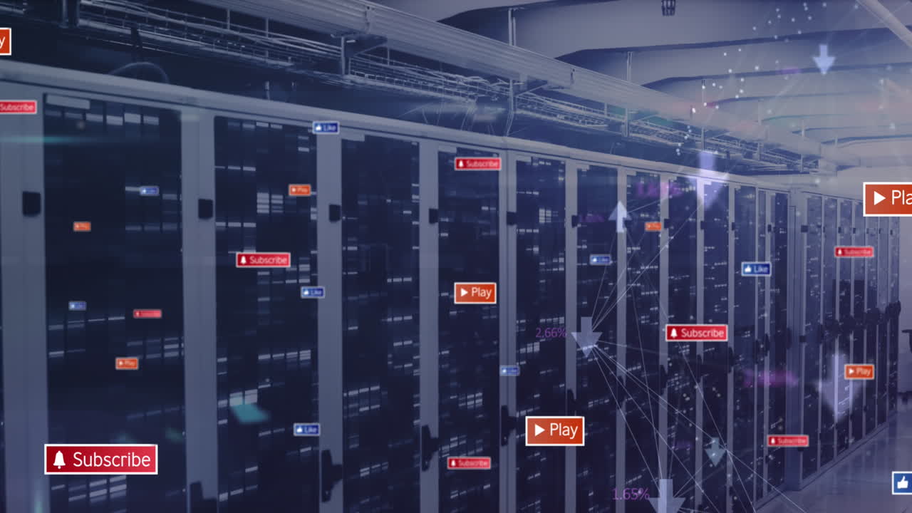 animación de iconos de redes sociales flotantes y cuadrados de mosaico contra la sala de servidores de computadora