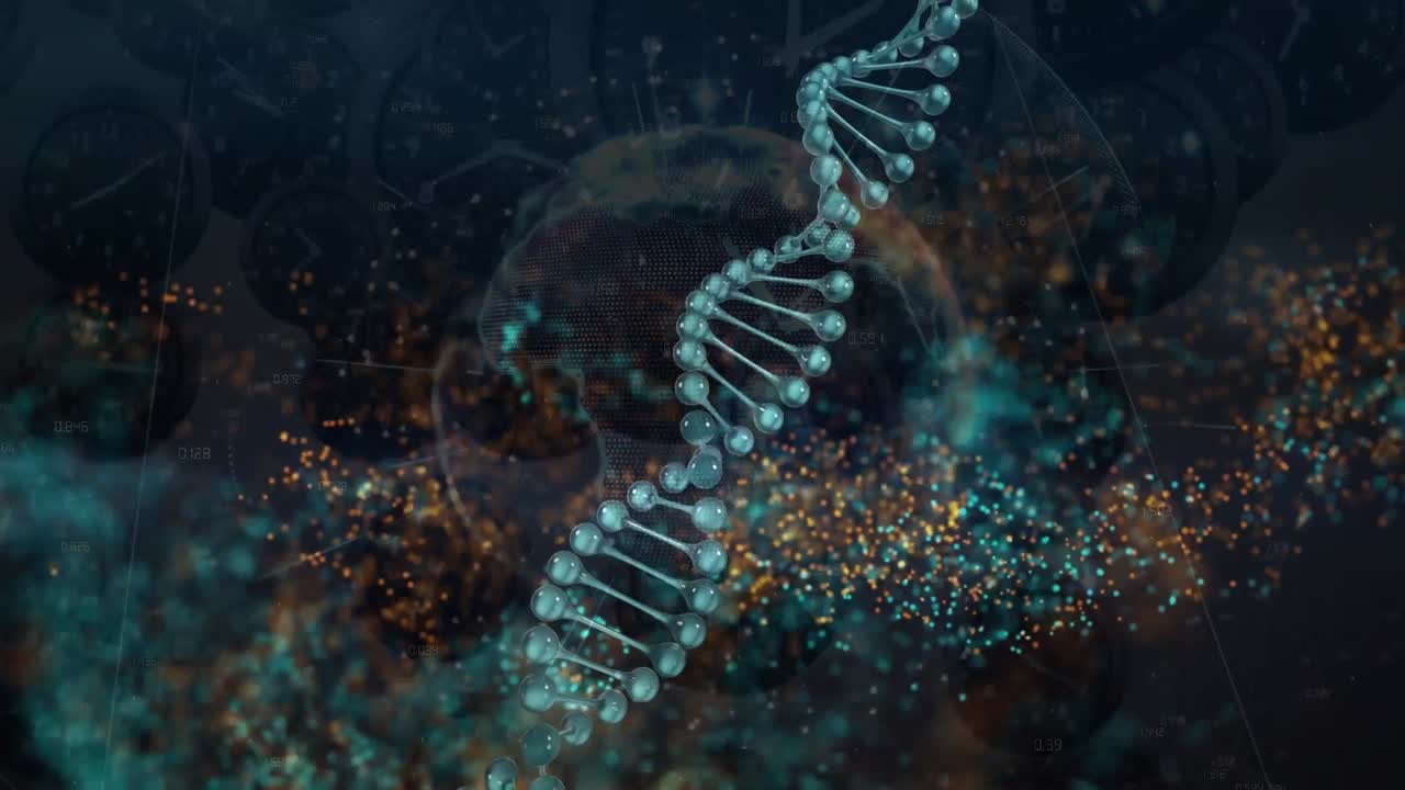 Animation of dna over yellow and green waves on black background