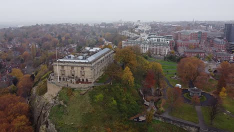nottingham castle uk ,drone aerial slider pan footage vibrant autumn colours