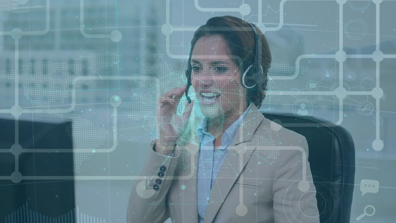 Rete di connessioni su una dirigente caucasica del servizio clienti che lavora in ufficio
