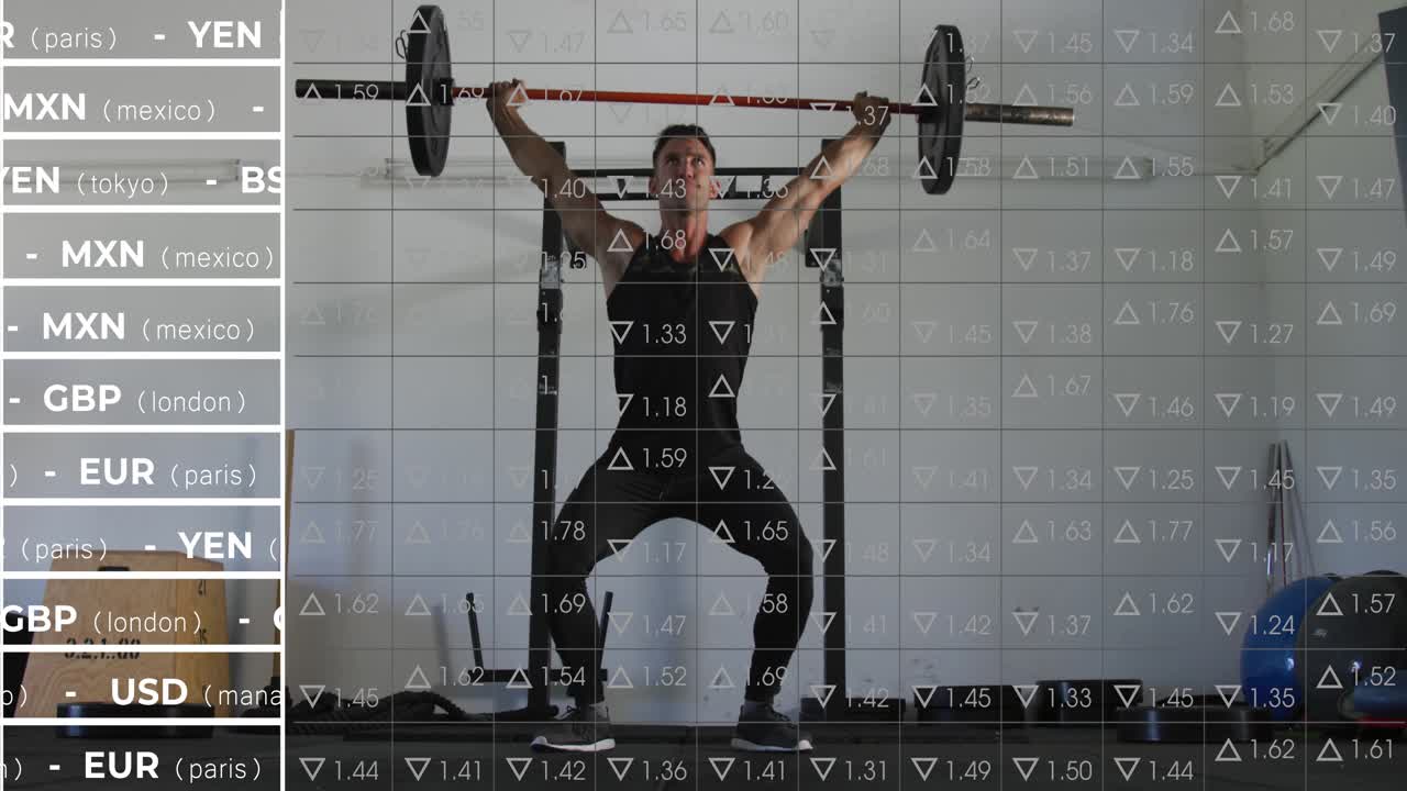 Man lifting barbell and pressing overhead for fitness, transparent grid and currency ticker overlay