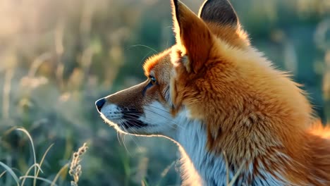 a close up of a red fox in a field of tall grass