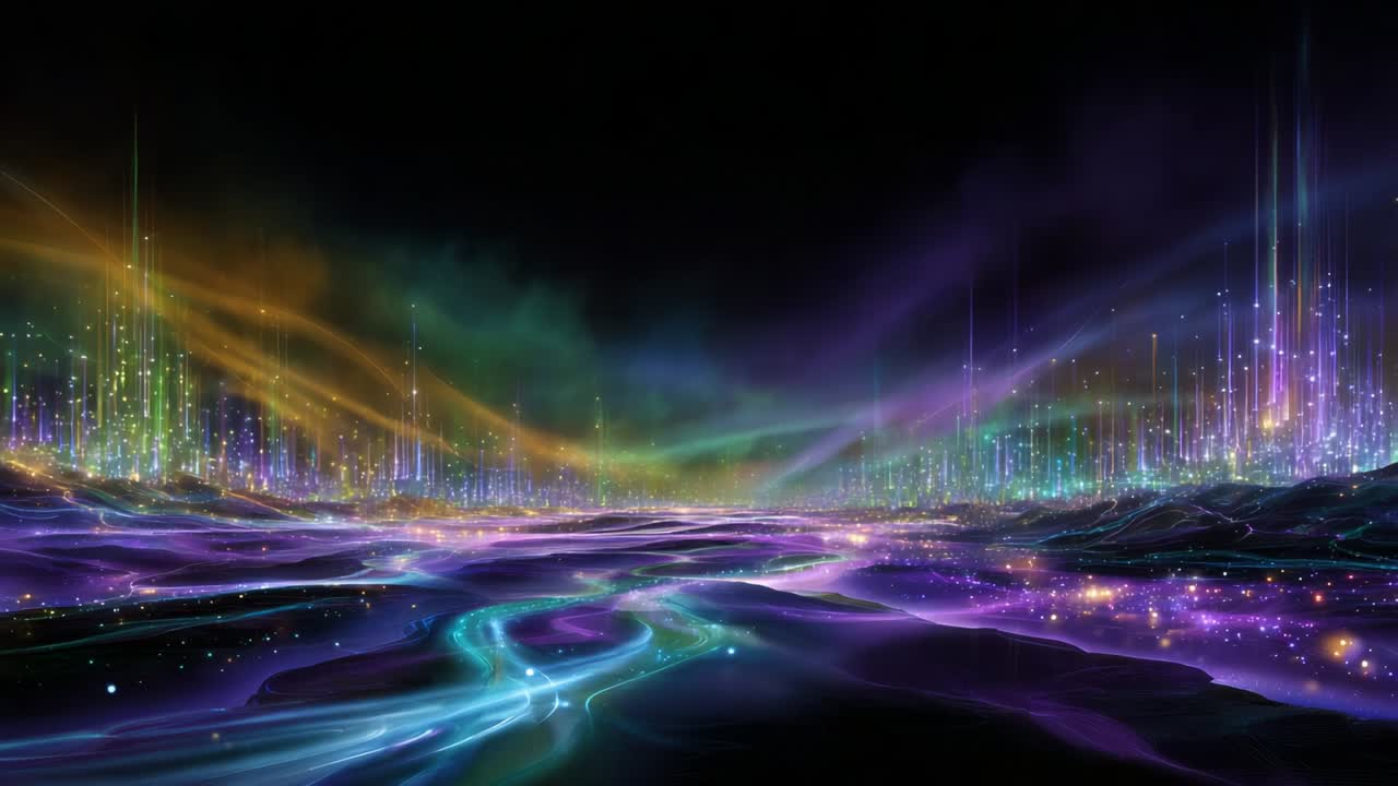 A mesmerizing and ethereal landscape showcasing vibrant colors, dynamic waves, and luminous elements that capture the viewer's imagination, evoking a sense of wonder and exploration into a fantastical realm