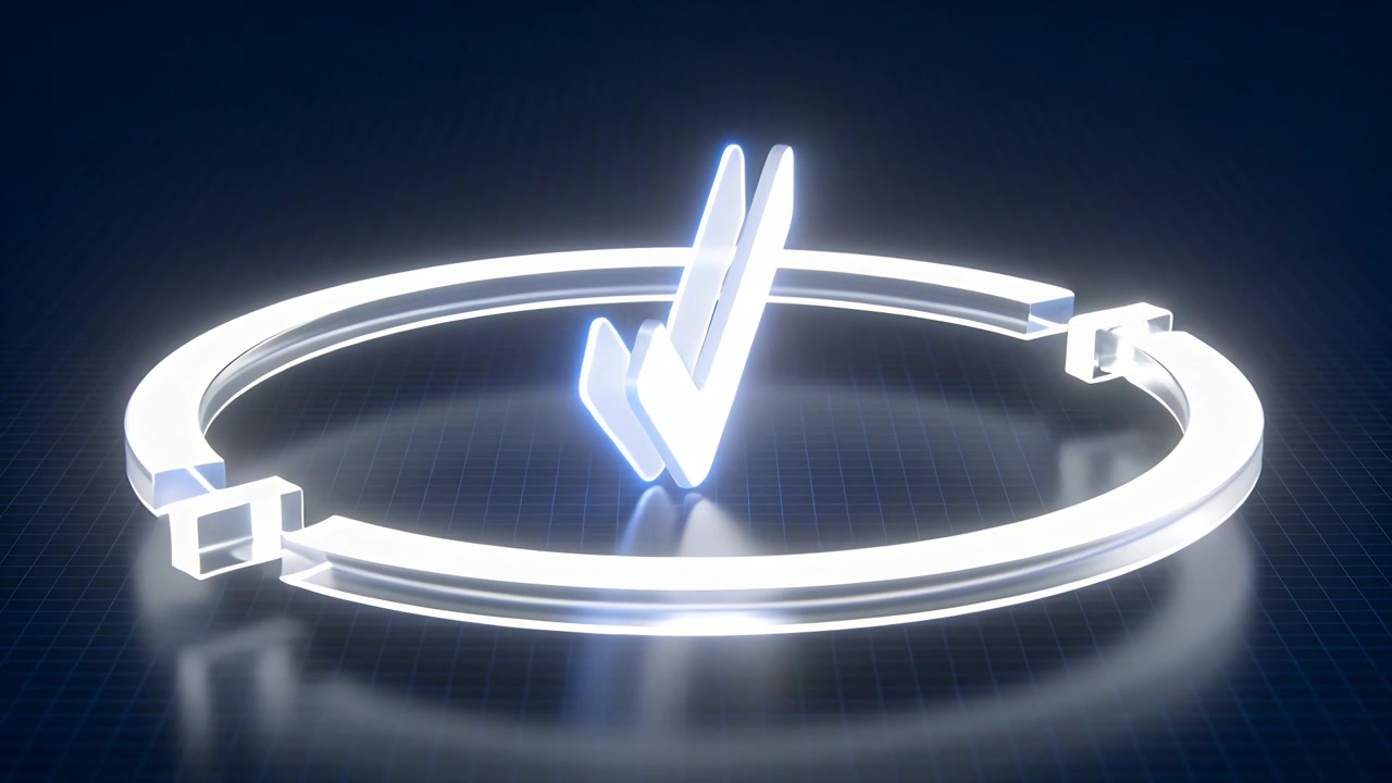 Animating neon checkmark and segmented ring rotating, detaching blocks in studio, showing sparks