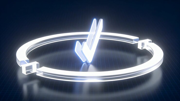Animating neon checkmark and segmented ring rotating, detaching blocks in studio, showing sparks
