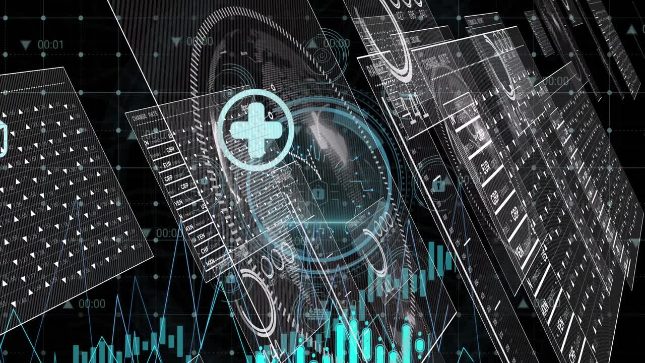 animazione dell'interfaccia digitale con elaborazione dei dati su sfondo nero