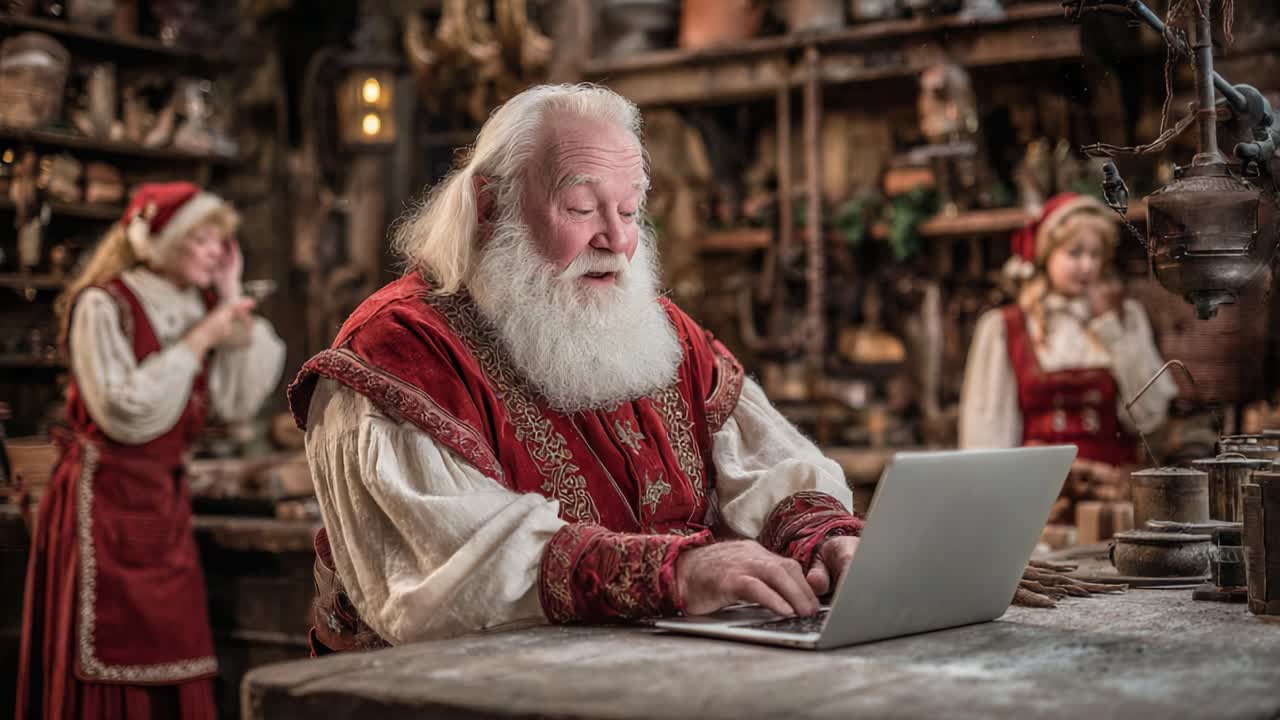 A Heartwarming Scene of Santa Claus Working on His Laptop Surrounded by Elves in a Cozy Workshop Full of Holiday Spirit and Cheer