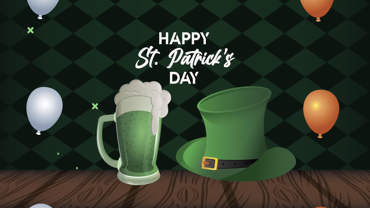 feliz día de san patricio con letras de cerveza y tophat de duende