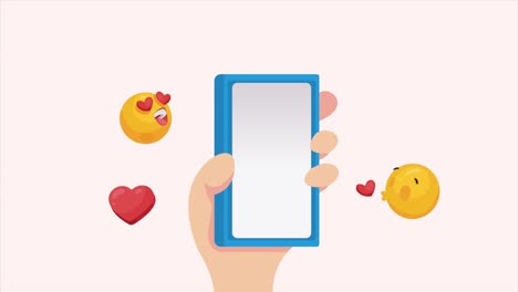 hand with smartphone and lovers emojis