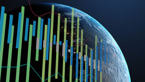 Animación-De-Estadísticas-Y-Procesamiento-De-Datos-Sobre-El-Globo-Terráqueo-Sobre-Fondo-Azul