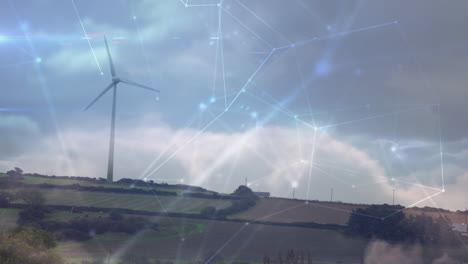 animation of network of connections over spinning windmill against clouds in the sky