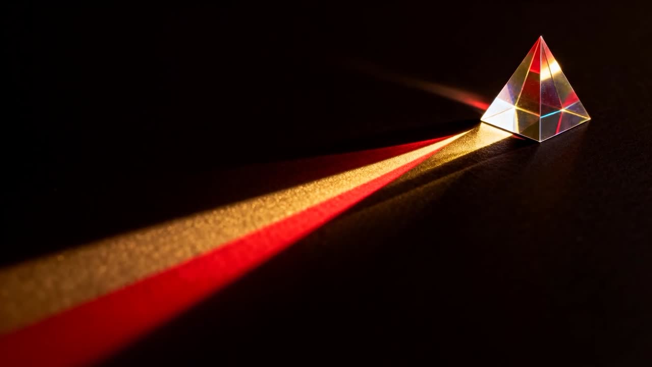 Striking light hitting glass pyramid casting red beam, gold band across studio table, copy space