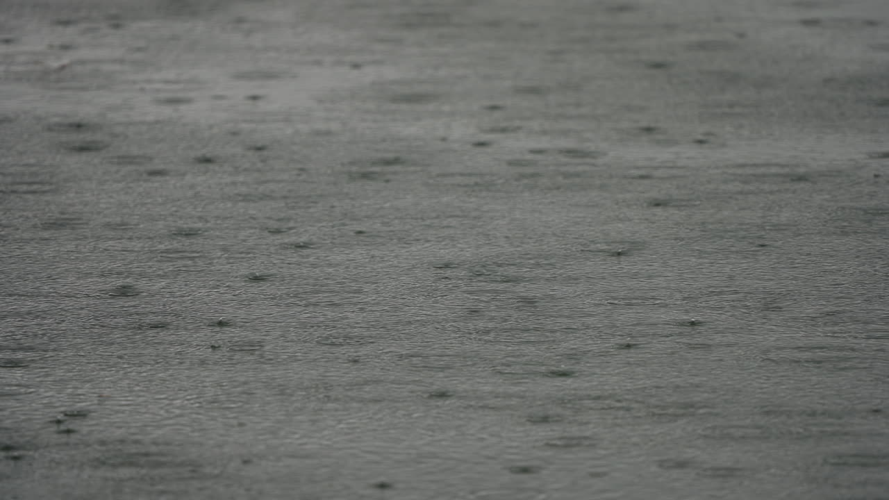 Rainfall creates ripples on a water surface, enhancing the tranquil ambiance with a grey, overcast sky