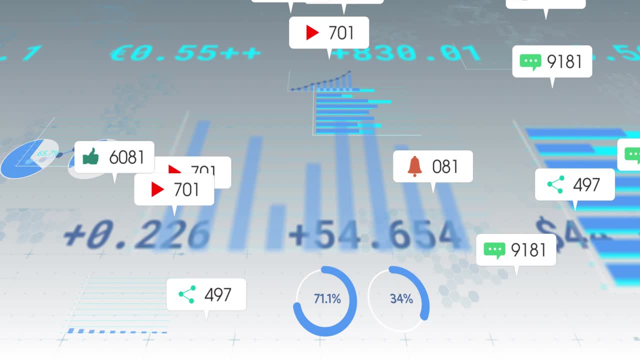 Faint outlines spawning bar chart rising with data, icons floating rings updating showing analytics