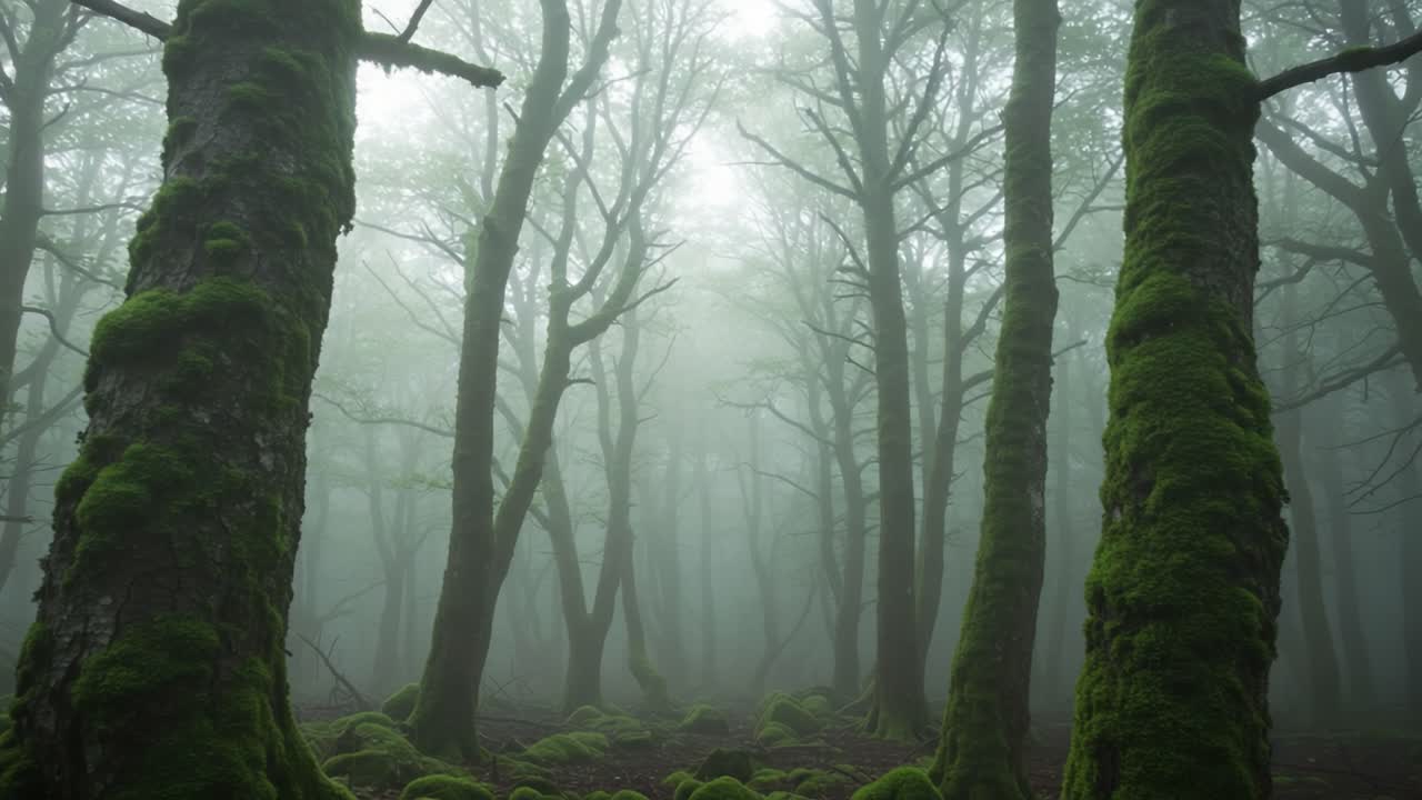 Enigmatic Fog-Blanketed Forest: A Tranquil Scene of Mossy Trees and Mystical Serenity Inviting Exploration and Reflection in Nature's Embrace