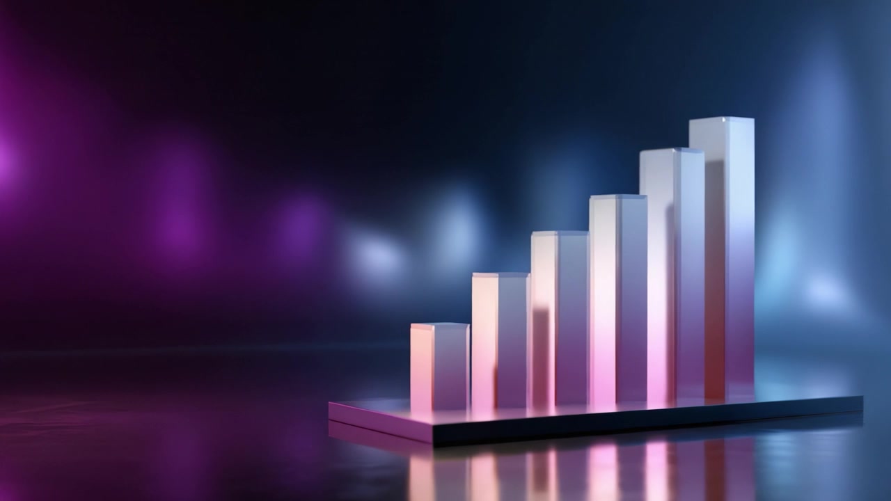 A Stunning Visual Representation of Growth: A Stylized Bar Chart Symbolizing Progress and Success Against a Colorful Background of Purple and Blue Hues