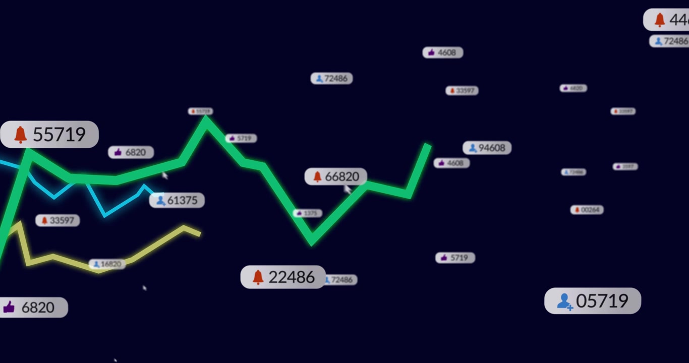 Linea verde emergente che sale verso un'icona a campana, scende e risale, con altre tracce che fluttuano tracciando dati.