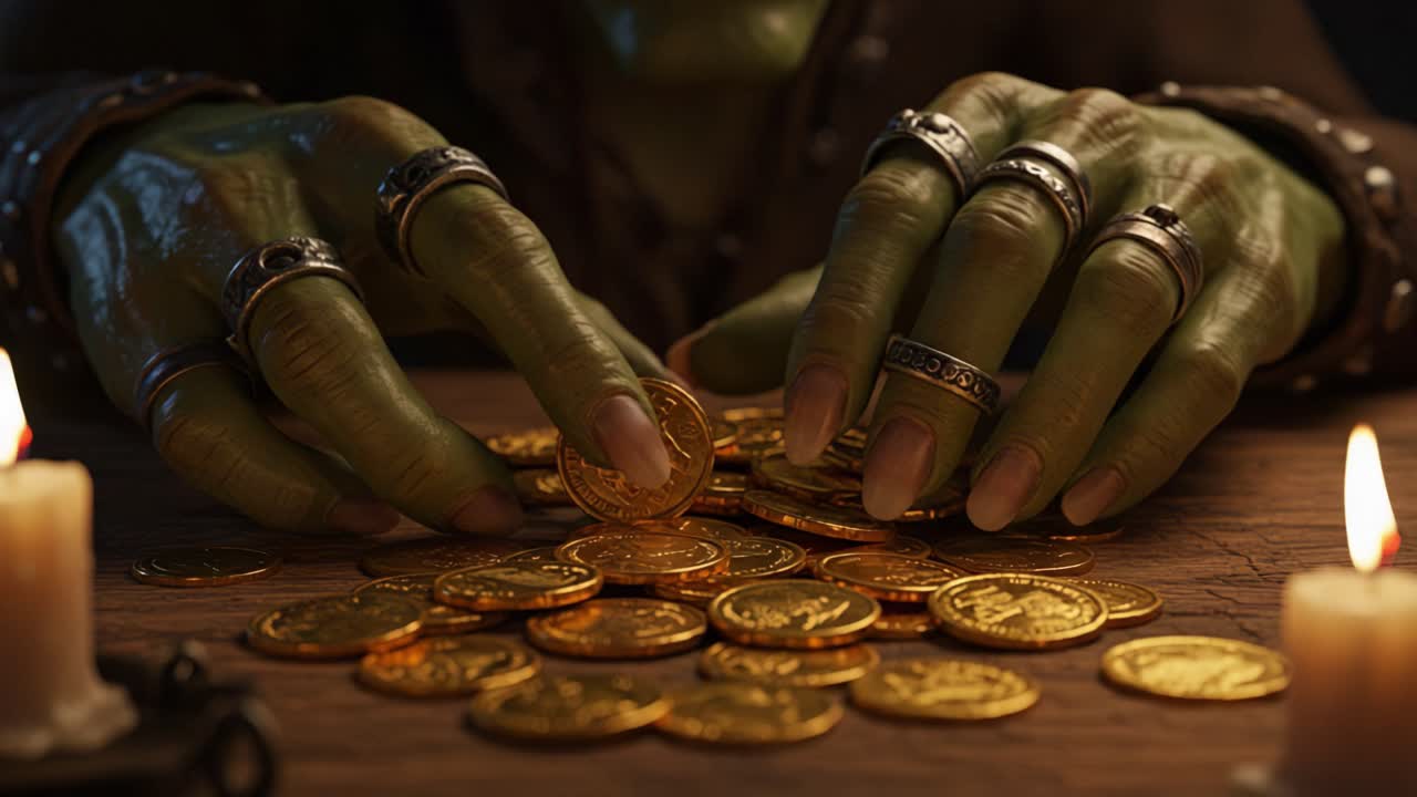 A Close-Up of a Mysterious Green Creature Counting Gleaming Coins, Surrounded by Flickering Candlelight, Revealing a Moment of Anticipation and Wealth