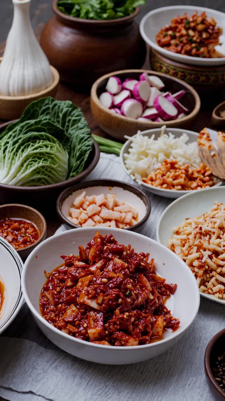 Top-down view of vibrant Korean dishes, showcasing spicy kimchi and fresh veggies