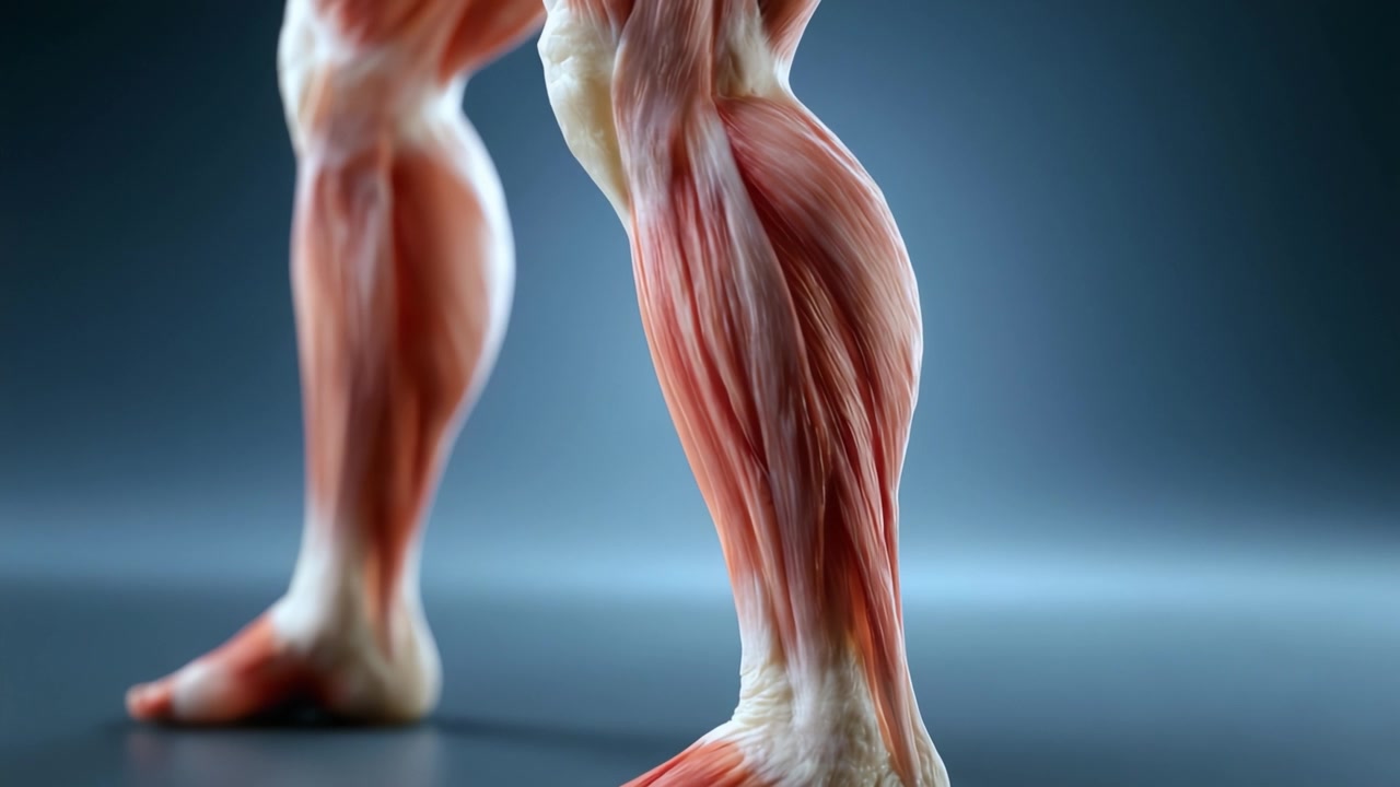 Vista dettagliata della muscolatura della gamba umana che mostra anatomia, struttura delle fibre muscolari e forma in una rappresentazione 3D con texture e ombre realistiche.