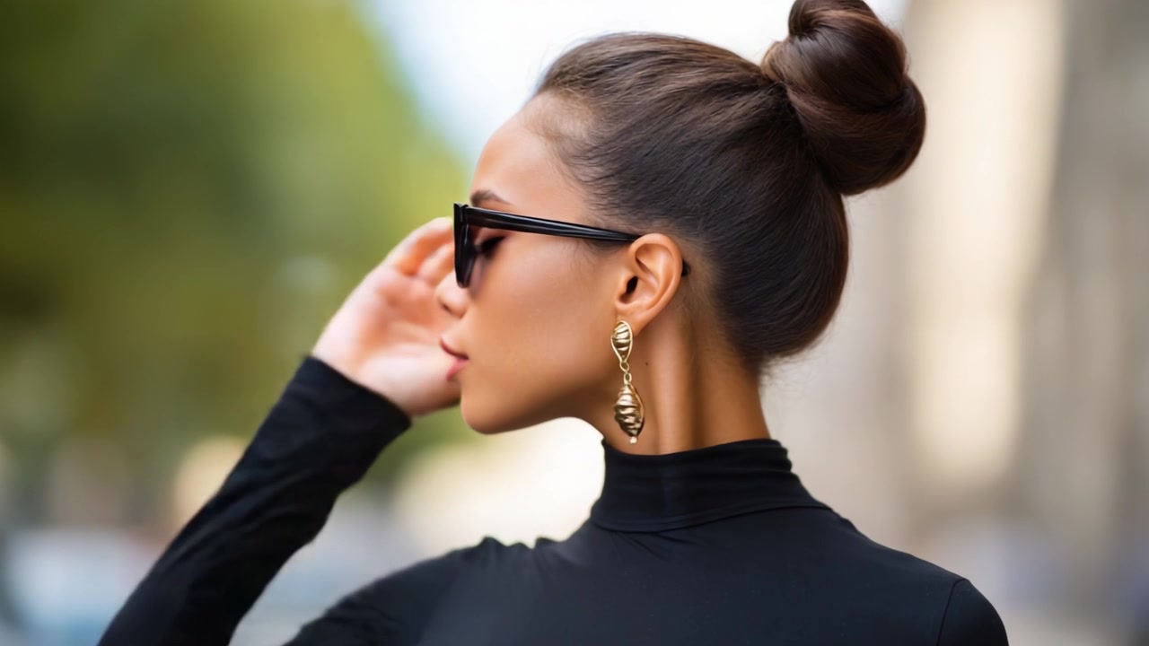 Donna elegante che mostra il suo senso della moda mentre indossa occhiali da sole e orecchini alla moda, posando con sicurezza in un ambiente urbano all'aperto con una morbida illuminazione naturale.