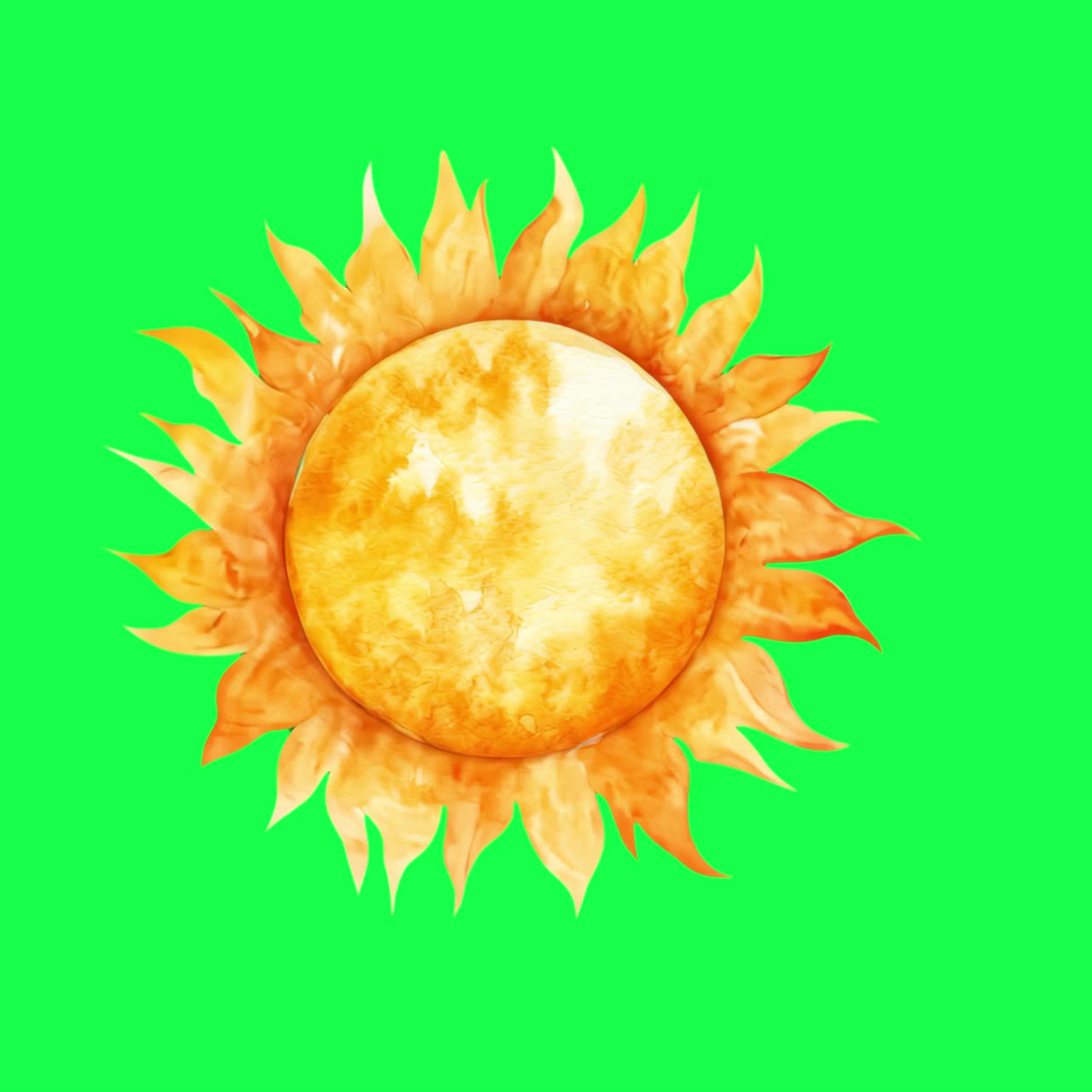 Vibrant watercolor sun illustration animation, transparent 4K video, green screen