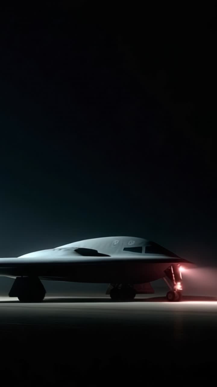Aereo stealth futuristico illuminato su uno sfondo scuro, che mostra elementi di design e tecnologia avanzati in una scena visivamente suggestiva e atmosferica.