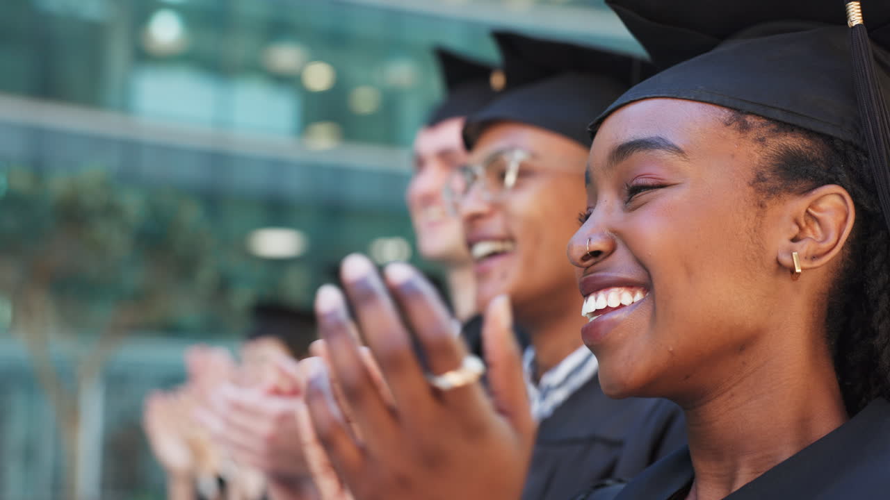 Clapping, campus or happy graduates in ceremony
