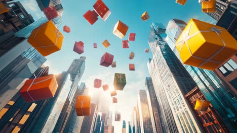 gift boxes falling from the sky in a city