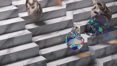renderizado en 3d de cráneos en escalones de mármol